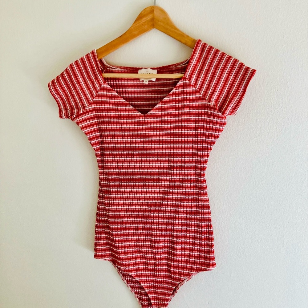 Sezane red and white striped bodysuit